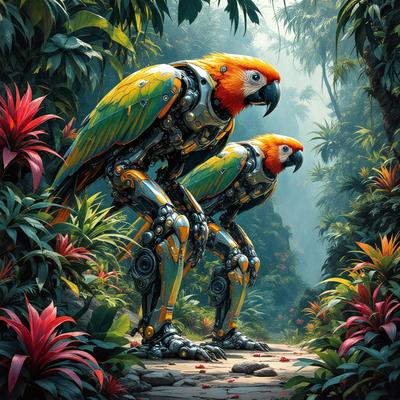The primary subject of the image is a large, colorful bird with a mechanical body, standing in a lush, tropical forest. The bird appears to be a parrot, and it is surrounded by a variety of plants, including flowers and palm trees. The setting is a dense, green forest with a dirt path, giving the impression of a jungle environment. The visual style of the image is a combination of digital art and illustration, creating a vibrant and detailed scene. The colors and mood of the image